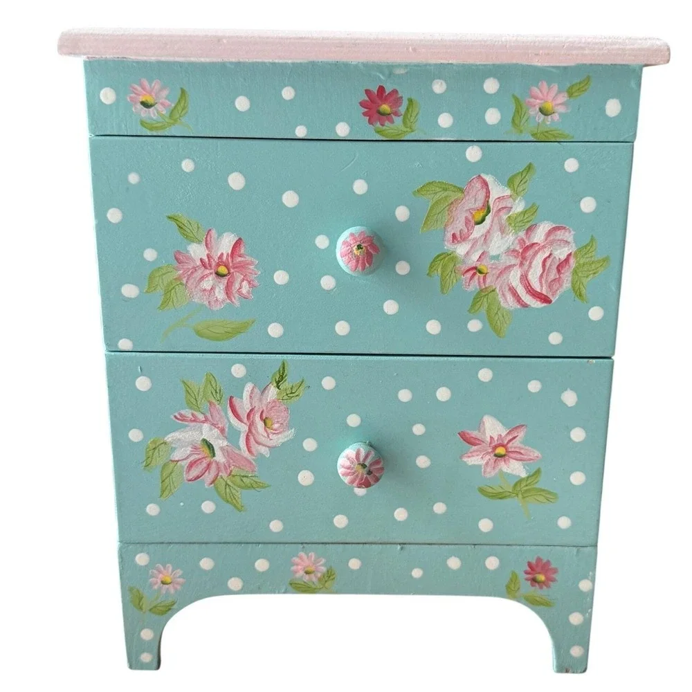 Vintage 90s Hand‎ Painted Wood Jewelry Box Teal Pink Floral Mini Dresser 9 x 7.5
